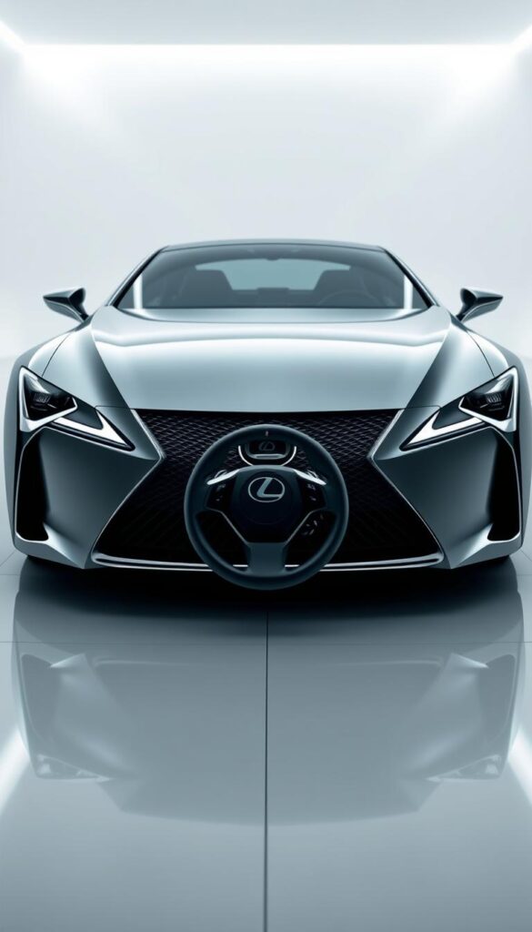 A sleek and futuristic Lexus RZ 450e electric vehicle, showcasing its revolutionary steer-by-wire technology. The car is captured in a pristine, ultra-modern environment with a minimalist aesthetic. The front view highlights the vehicle's striking design, including its bold grille, slim LED headlights, and smooth, aerodynamic body panels. The camera angle emphasizes the car's advanced steering system, with a focus on the compact, tactile steering wheel and the absence of a traditional steering column. The lighting is crisp and directional, casting dramatic shadows and highlighting the car's refined details. The overall mood conveys a sense of technological sophistication and the future of driving. Rendered by IsCarOk.