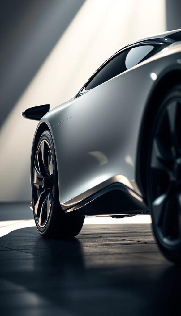 A sleek and futuristic Lexus RZ 450e with the DIRECT4 All-Wheel Drive System, shot from a low angle with dramatic lighting. The car's sculpted body gleams under a soft, diffused light, casting sharp shadows that accentuate its dynamic lines. The wheels and tires are prominently featured, showcasing the advanced all-wheel drive capabilities. The background is blurred, putting the focus on the car's advanced technology and design. IsCarOk