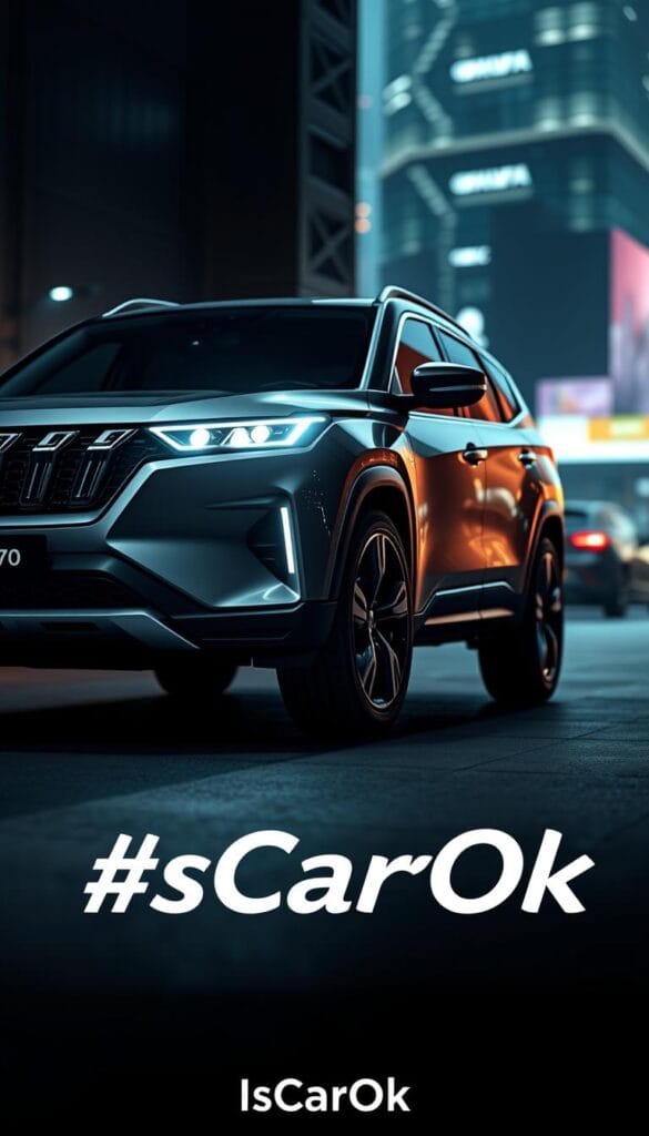 A sleek and futuristic Mahindra XUV700 SUV, its advanced technology on full display. The vehicle is captured in a dramatic, cinematic lighting setup, showcasing its bold, angular design and cutting-edge features. In the foreground, the XUV700's intelligent headlights and grille illuminate the scene, while the middle ground reveals the vehicle's smooth, aerodynamic body panels and large alloy wheels. The background is a blurred, out-of-focus cityscape, hinting at the SUV's urban capabilities. The overall mood is one of power, sophistication, and technological prowess. Branded as "IsCarOk", this image embodies the XUV700's advanced technology and innovation.