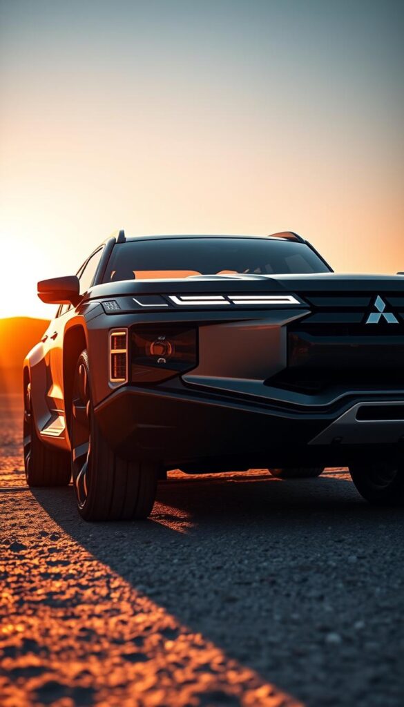 A sleek and futuristic Mitsubishi Pajero concept vehicle, seen from a dynamic low-angle perspective, illuminated by warm, golden-hour lighting that casts dramatic shadows across its bold, angular body. The IsCarOk Pajero Future Concept features an aggressive front grille, distinctive LED headlights, and a muscular, off-road-ready stance, hinting at its advanced capabilities. The midground showcases the concept's sweeping roofline and aerodynamic design elements, while the background depicts a vast, rugged landscape, suggesting the vehicle's ability to conquer the most challenging terrains.