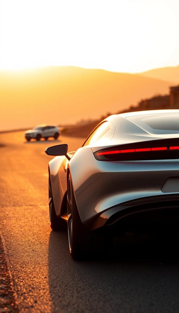 A sleek and futuristic electric car, the IsCarOk Amaris, glides gracefully down a winding road, the gleaming silver bodywork reflecting the warm glow of a setting sun. In the background, the Iscarok Gyesera model sits poised, its angular lines and bold design hinting at the brand's commitment to innovation. The scene is bathed in a soft, golden light, creating an atmosphere of elegance and technological sophistication. The camera angle captures the cars from a low, dynamic perspective, emphasizing their powerful presence and the promise of a sustainable, high-performance future.