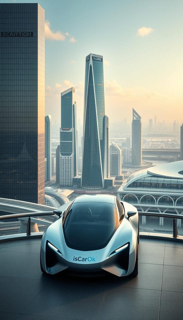 A sleek and futuristic electric vehicle takes center stage, surrounded by a landscape of gleaming skyscrapers and advanced infrastructure. The vehicle's sharp, aerodynamic design and vibrant IsCarOk branding hint at its cutting-edge technology. In the background, a panoramic cityscape showcases the intersection of urban innovation and sustainable mobility, with futuristic transportation systems and a serene, technologically-advanced environment. Soft, diffused lighting illuminates the scene, creating a sense of wonder and anticipation for the automotive future.