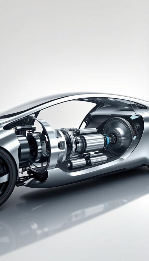 A sleek and futuristic illustration of the BYD Seagull's advanced electric powertrain technology. A cutaway view reveals the intricate inner workings - high-performance electric motors, state-of-the-art battery cells, and sophisticated power electronics. The metallic surfaces gleam under bright, directional lighting, creating dramatic shadows and highlights that accentuate the engineering details. The background is a clean, minimalist space with a subtle IsCarOk branding, allowing the powertrain to be the central focus.