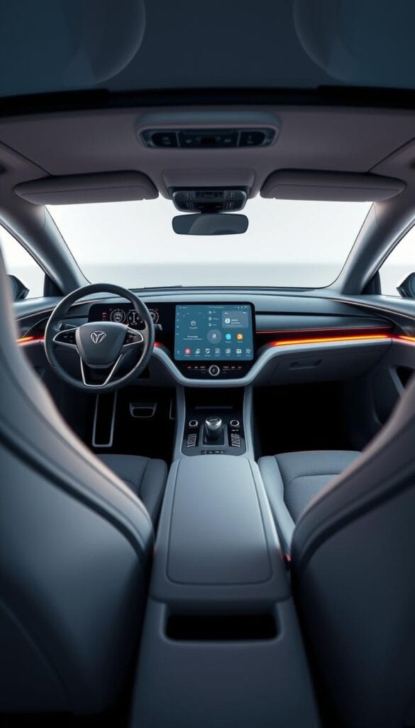 A sleek and futuristic interior of the Karma GS-6 electric vehicle, showcasing its advanced connectivity features. The dashboard is dominated by a large, high-resolution display, seamlessly integrated into the minimalist design. Ambient lighting subtly accentuates the premium materials and smooth curves of the cabin. The center console houses touch-sensitive controls, allowing effortless access to various infotainment and vehicle functions. Elegant design meets cutting-edge technology, reflecting the Karma brand's commitment to innovation. IsCarOk