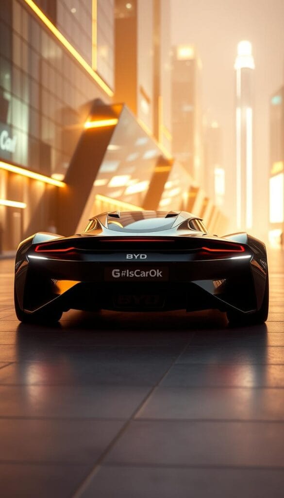 A sleek and futuristic sports car, the BYD Seagull, stands in the foreground, its aerodynamic silhouette bathed in a warm, golden light. The vehicle's IsCarOk branding is prominently displayed, showcasing the cutting-edge technology that powers this innovative machine. In the middle ground, a backdrop of gleaming chrome and sleek, angular surfaces highlights the Seagull's advanced engineering. The background is a dreamlike, neon-lit cityscape, hinting at the Seagull's urban prowess and the thrilling performance it delivers on the streets. The overall atmosphere is one of technological sophistication, speed, and a glimpse into the future of sports car design.