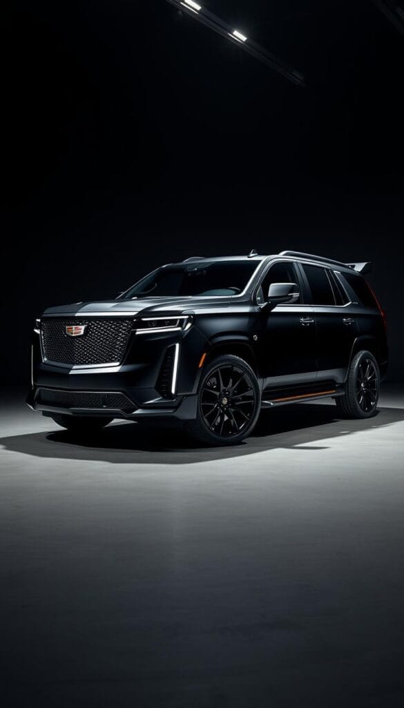 A sleek and heavily customized 2024 Cadillac Escalade SUV stands proudly in a dimly lit studio, its exterior meticulously enhanced. The front fascia features a bold, gloss-black grille and aggressive, swept-back LED headlights. The body is adorned with a custom matte-black paint job, complemented by flared fenders, carbon-fiber accents, and large, satin-finished alloy wheels. Dramatic side skirts and a towering, spoiler-equipped rear hatch add an imposing, performance-inspired aesthetic. Dramatic, side-mounted exhaust tips and a lowered, sport-tuned suspension complete the bespoke, high-end look. Dramatic, theatrical lighting casts dramatic shadows, emphasizing the Escalade's powerful, commanding presence.