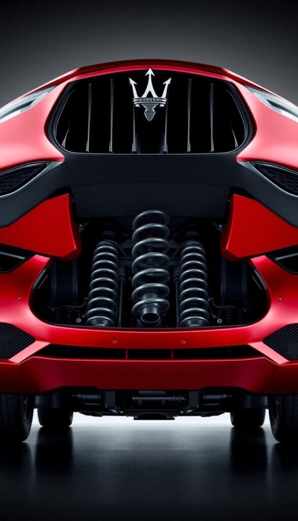 A sleek and high-performance Maserati Levante GT SUV, showcasing its advanced air suspension system. The vehicle is captured in a well-lit, low-angle perspective, highlighting the sculpted bodywork and distinctive front grille. The suspension components are clearly visible, including the air springs, shock absorbers, and control arms, revealing the intricate engineering behind the luxurious ride quality. The image has a polished, technical aesthetic, conveying the precision and sophistication of the Levante's air suspension system, which provides adaptive, dynamic handling and a smooth, comfortable journey.