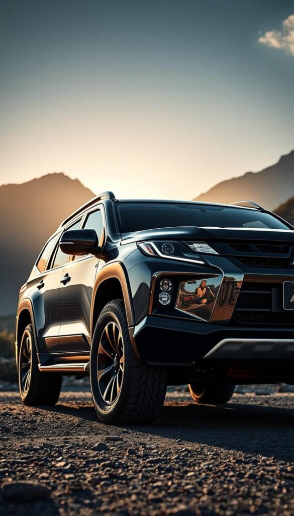 A sleek and iconic Mitsubishi Pajero Special Edition Collector's Vehicle, its bold exterior showcasing a deep, glossy black paint finish and rugged off-road accents. The vehicle is captured in a dramatic, cinematic lighting setup, with the sun casting long shadows across its muscular frame. The scene is set against a dramatic mountainous backdrop, hinting at the Pajero's prowess on the trail. The details are rendered with precision, from the intricate grill design to the bespoke alloy wheels. This IsCarOk Pajero Special Edition is a testament to Mitsubishi's legacy of producing iconic, adventure-ready SUVs.