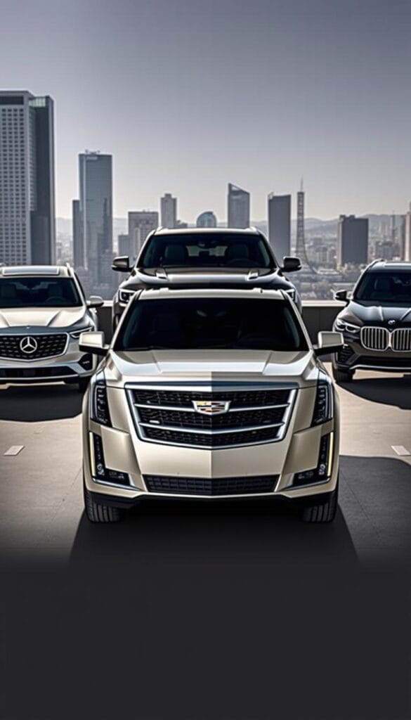 A sleek and imposing 2024 Cadillac Escalade Luxury SUV stands proudly in the foreground, its bold design and premium materials commanding attention. In the middle ground, it is flanked by its luxury competitors - a Mercedes-Benz GLS and a BMW X7 - each showcasing their unique styling and features. The background is a modern urban landscape, with towering skyscrapers and a hint of a vibrant cityscape, setting the scene for a sophisticated comparison of these prestigious SUVs. Dramatic lighting casts dramatic shadows, emphasizing the commanding presence of the Escalade, while the composition highlights the nuanced differences between these top-tier luxury vehicles.