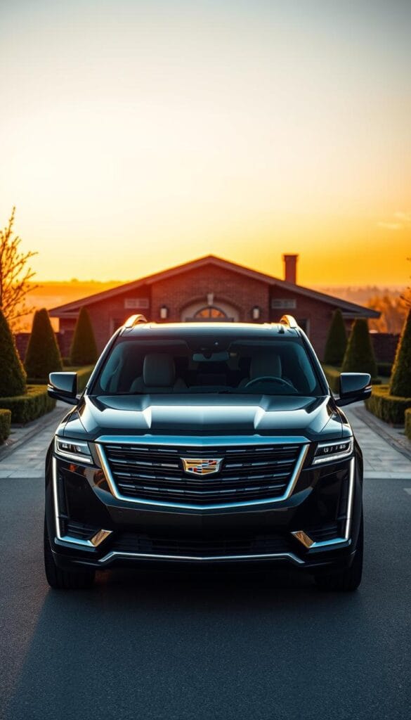 A sleek and imposing 2024 Cadillac Escalade Premium Trim Luxury SUV dominates the foreground, its bold grille and sharp LED headlights commanding attention. The vehicle's elegant, sculpted body glistens under the warm, golden light of a sunset, reflecting the premium finishes and attention to detail. In the middle ground, the Escalade is surrounded by a well-manicured driveway, complemented by neatly trimmed hedges and a stately brick facade. The background fades into a softly blurred cityscape, hinting at the Escalade's urban sophistication. The overall scene conveys a sense of luxury, power, and refined automotive design, perfectly capturing the essence of the 2024 Cadillac Escalade Premium Trim.