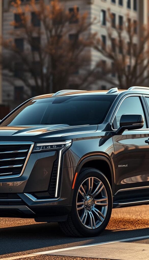 A sleek and imposing 2025 Cadillac Escalade SUV, prominently displayed in the foreground against a softly blurred urban backdrop. The vehicle's striking exterior features bold angular lines, a massive chrome grille, and razor-sharp LED headlights that convey a sense of power and sophistication. The Escalade's aerodynamic profile is accentuated by sculpted fenders and a steeply raked windshield, hinting at impressive performance capabilities. Warm afternoon sunlight casts dramatic shadows across the Escalade's muscular body, highlighting its chiseled curves and elegant proportions. The overall impression is of a luxurious, technologically advanced, and supremely capable full-size SUV, ready to dominate the road.