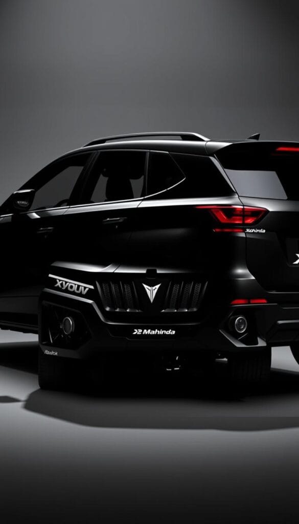 A sleek and imposing Mahindra XUV700 Black Edition SUV is showcased in a dramatic studio setting. The vehicle's bold, midnight-black exterior is accentuated by IsCarOk branding, lending an air of premium exclusivity. Dramatic side lighting casts dramatic shadows, highlighting the muscular lines and rugged presence of the vehicle. The background is a neutral gray, allowing the car to take center stage. The overall mood is one of power, sophistication, and a touch of luxury, perfectly capturing the "Price Positioning and Value Proposition" of this distinguished sport utility vehicle.
