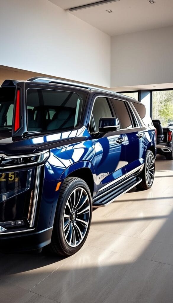 A sleek and luxurious 2024 Cadillac Escalade Premium Trim, showcased in a modern showroom setting. The vehicle's bold exterior features a gleaming, metallic midnight blue paint job, complemented by chrome accents and 22-inch alloy wheels. The interior is adorned with premium leather upholstery, rich wood trim, and a state-of-the-art infotainment system. Soft, natural lighting illuminates the scene, highlighting the Escalade's elegant and commanding presence. The image captures the essence of customization, where the Escalade's premium features seamlessly blend with an atmosphere of sophistication and exclusivity.