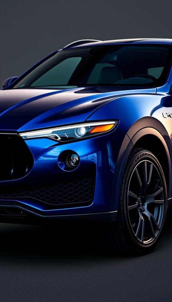 A sleek and luxurious 2025 Maserati Levante SUV, showcasing a customized exterior in a gleaming metallic midnight blue hue. The front grille and side vents are finished in a contrasting matte black, accentuating the Levante's aggressive and sporty design. The vehicle is captured in a dynamic 3/4 angle, with the headlights and taillights illuminated, casting a warm glow against the shadowy background. The Levante sits on a set of large, polished aluminum alloy wheels, further enhancing its premium and bespoke appearance. The image conveys a sense of power, elegance, and the endless possibilities for customization that the 2025 Maserati Levante offers.