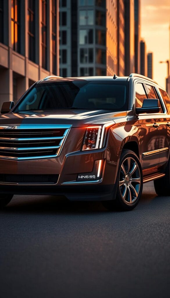 A sleek and luxurious Cadillac Escalade SUV, its bold silhouette illuminated by warm, golden-hour light. The front grille and headlights gleam with a polished, chrome finish, while the body panels reflect the surrounding environment. In the center, the vehicle's Supercruise Technology is prominently displayed, with a futuristic interface and sensors integrated seamlessly into the design. The interior is visible through the tinted windows, showcasing the premium leather upholstery and cutting-edge infotainment system. The Escalade is parked on a sleek, urban street, with skyscrapers and a vibrant cityscape forming the backdrop, conveying a sense of technological sophistication and modern luxury.