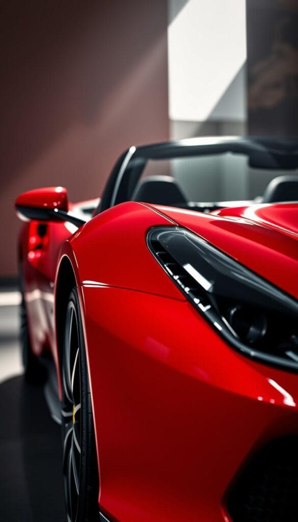A sleek and luxurious Ferrari SF90 Spider convertible, its crimson red bodywork gleaming under crisp, dramatic lighting. The car is captured in a low, dynamic angle, its muscular front end and sweeping profile showcasing its aerodynamic design. The background is blurred, allowing the car to take center stage, underscoring its exclusivity and high-end positioning. The lighting casts dramatic shadows, accentuating the car's sculpted surfaces and giving it a sense of power and performance. Overall, the image conveys the Ferrari SF90 Spider's status as a top-tier luxury supercar, worthy of its premium pricing.