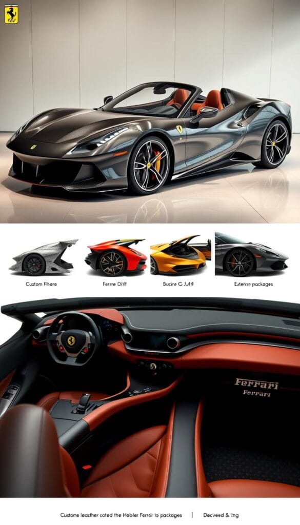 A sleek and luxurious Ferrari SF90 Spider in a high-end automotive showroom. The car is displayed under soft, diffused lighting, highlighting its curvaceous carbon fiber body and gleaming chrome accents. In the foreground, a selection of custom interior options are showcased, including rich leather upholstery, brushed metal trim, and a high-tech digital instrument cluster. In the middle ground, various exterior customization packages are highlighted, with different wheel designs, bespoke paint colors, and aerodynamic enhancements. The background features a minimalist, elegant setting that allows the car to be the focal point, conveying a sense of exclusivity and sophistication.