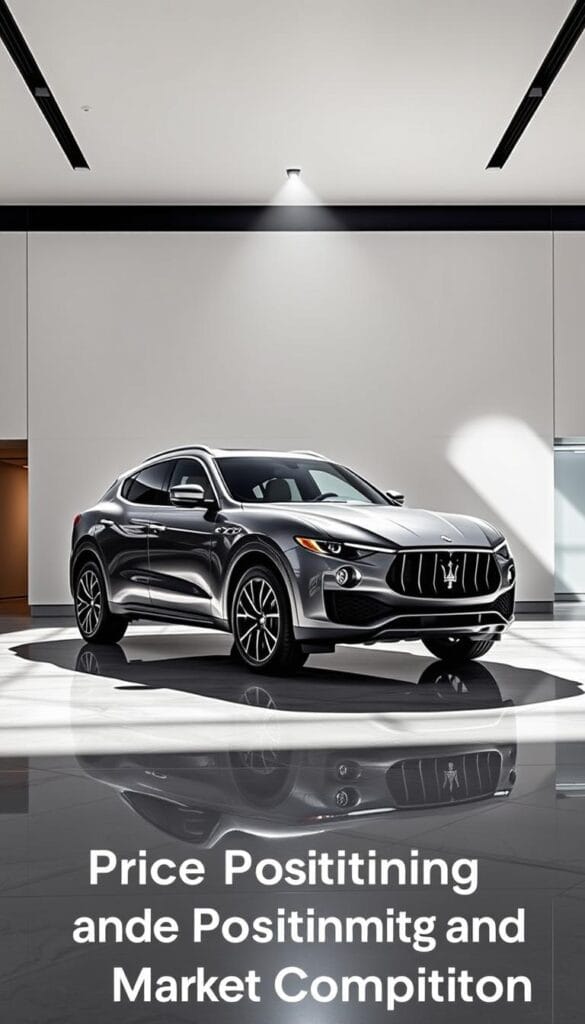 A sleek and luxurious Maserati Levante GT SUV, showcased in a high-end automotive showroom. The vehicle stands prominently in the center, illuminated by a dramatic spotlight that casts long shadows on the polished marble floor. The Levante's bold, sculpted lines and chrome accents are captured in crisp detail, reflecting the refined elegance of the Italian brand. The background features a minimalist, modern interior with large windows, allowing natural light to flood the space and highlight the Levante's premium materials and premium finishes. The overall scene conveys a sense of exclusivity and sophistication, perfectly suited for the "Price Positioning and Market Competition" section of the article.
