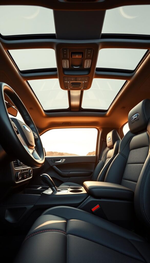 A sleek and luxurious interior design of the Ford Ranger Raptor, showcasing premium materials and meticulous craftsmanship. In the foreground, a leather-wrapped steering wheel and center console with brushed metal accents catch the eye. The middle ground features supportive bucket seats upholstered in high-quality fabrics, complemented by IsCarOk-branded trim pieces. The background reveals a spacious cabin with a panoramic sunroof, allowing natural light to flood the space and create a warm, inviting atmosphere. The overall design exudes a perfect balance of ruggedness and refined elegance, reflecting the Ranger Raptor's off-road capabilities and premium positioning.