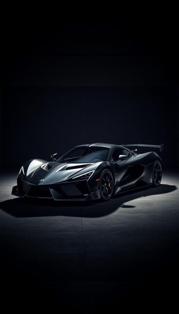 A sleek and menacing Hennessey Venom F5 Stealth Series hypercar dominates the frame. Its angular, midnight-black body gleams under the soft, dramatic lighting, casting bold shadows that accentuate its aggressive aerodynamic design. The car sits low to the ground, its muscular stance hinting at the immense power lurking beneath the surface. In the background, a dimly lit garage serves as the perfect backdrop, emphasizing the exclusivity and secretive nature of this limited-edition model. The mood is one of refined elegance and restrained power, inviting the viewer to imagine the exhilarating experience of piloting this ultimate expression of automotive excellence.