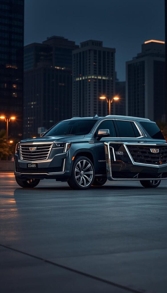 A sleek and modern 2024 Cadillac Escalade, showcasing a range of customization options. In the foreground, the vehicle's bold exterior features a deep, metallic gray paint finish, complemented by chrome accents and distinctive Cadillac branding. The middle ground reveals a set of large, polished alloy wheels and a lowered suspension, giving the Escalade an imposing, yet refined stance. In the background, a dimly lit urban setting provides a sophisticated backdrop, with skyscrapers and city lights creating a sense of luxury and exclusivity. Soft, warm lighting illuminates the scene, casting a subtle glow on the vehicle's surfaces and accentuating its premium, handcrafted details.