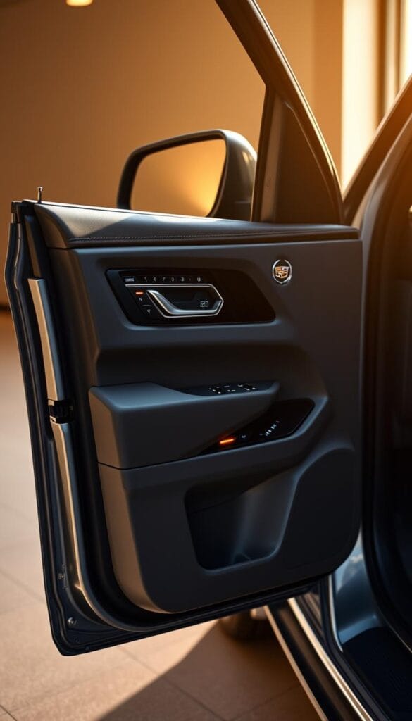 A sleek and modern 2025 Cadillac Escalade showcasing its innovative door controls. The camera captures a close-up view of the driver's side door, bathed in warm, soft lighting that highlights the premium materials and meticulous design. The door panel features a seamless touchscreen interface, allowing intuitive control of various in-car functions. Subtle backlit accents and chrome trim elements add a luxurious touch, while the door handle blends seamlessly into the overall design. The image conveys a sense of high-tech sophistication and attention to detail that embodies the 2025 Escalade's advanced and user-friendly door technology.