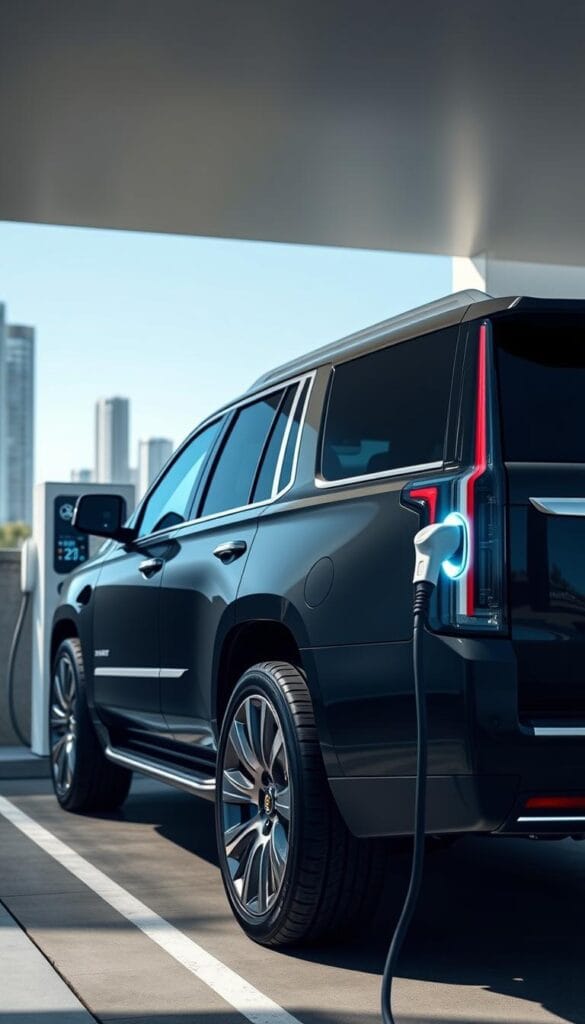 A sleek and modern Cadillac Escalade SUV parked in a well-lit, high-tech charging station. The Escalade's shiny black exterior reflects the bright lighting, highlighting its bold, angular design. In the foreground, a state-of-the-art charging port protrudes from the vehicle's side, illuminated by a soft, blue glow. The middle ground features the futuristic charging station, with clean lines, touchscreen displays, and subtle branding elements. The background showcases a minimalist urban landscape, with tall buildings and a clear, blue sky. The scene conveys a sense of advanced technology, luxury, and environmental sustainability.