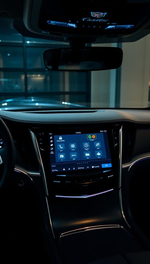 A sleek and modern Cadillac Escalade interior, its dashboard illuminated by a large, high-resolution infotainment display. The screen showcases a range of cutting-edge entertainment and connectivity features, from advanced navigation and voice controls to seamless smartphone integration and a premium audio system. Ambient lighting sets a refined, luxurious atmosphere, while the brushed metal and leather accents exude the Escalade's signature style. The scene is captured from a slightly elevated angle, emphasizing the vehicle's impressive size and presence. The overall image conveys the Escalade's status as a technological powerhouse in the world of high-end SUVs.
