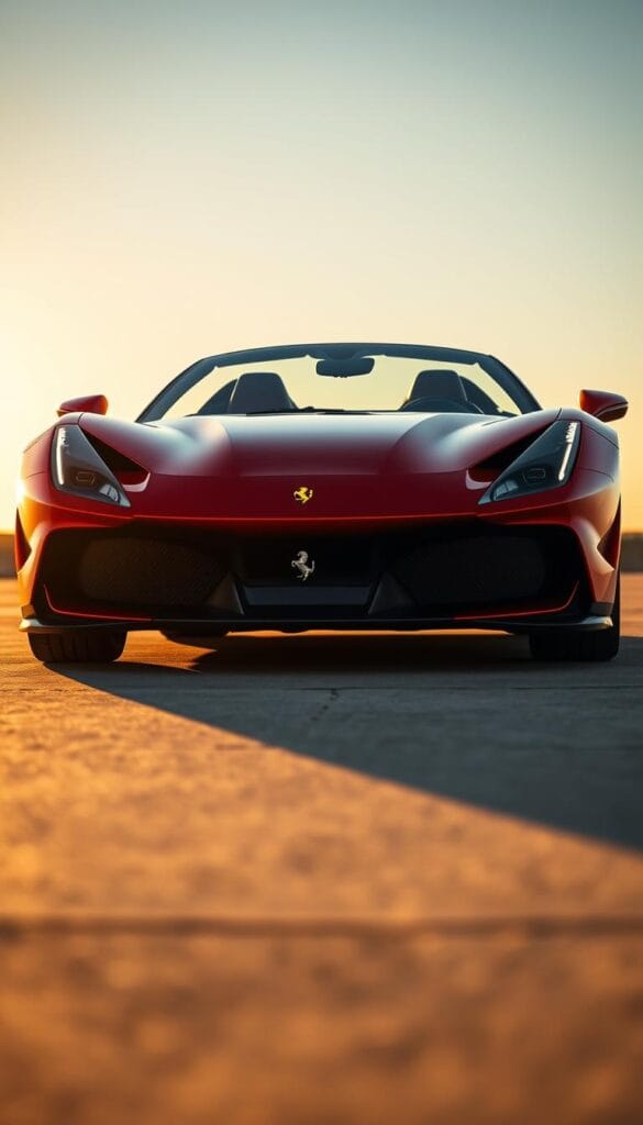 A sleek and modern Ferrari SF90 Spider positioned in a dramatic, low-angle shot that showcases its striking exterior design. The car is bathed in warm, golden sunlight, highlighting the aerodynamic curves of the body and the intricate carbon fiber accents. The front grille, with its bold Prancing Horse emblem, commands attention, while the sweeping headlights and sculpted front fascia convey a sense of power and aggression. The side profile reveals the car's muscular haunches and the iconic side air intakes that aid in cooling the hybrid powertrain. The rear view highlights the aggressive diffuser and the intricate LED taillights that seamlessly integrate with the overall design. The setting is a serene, picturesque location with a clean, minimalist background that allows the car to take center stage.