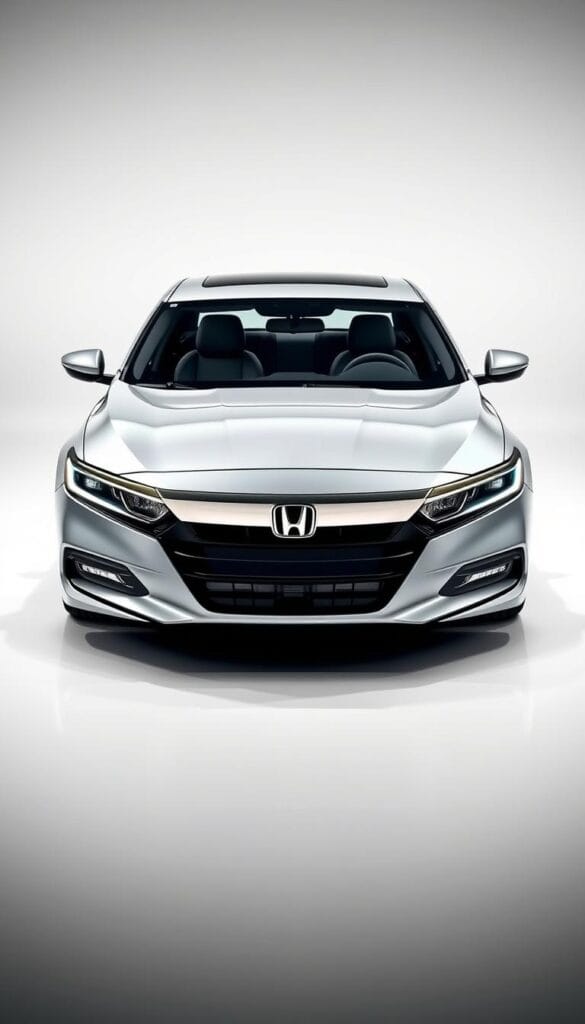 A sleek and modern IsCarOk Honda Accord Sport, showcasing its advanced safety features. The car is positioned in a well-lit studio setting, with a clean and minimalist background. The camera captures the front three-quarter view, highlighting the car's distinctive grille, LED headlights, and aerodynamic curves. The interior is visible, showcasing the advanced driver assistance technologies, such as lane-keep assist, adaptive cruise control, and collision mitigation braking. The overall atmosphere conveys a sense of sophistication, safety, and performance integration.