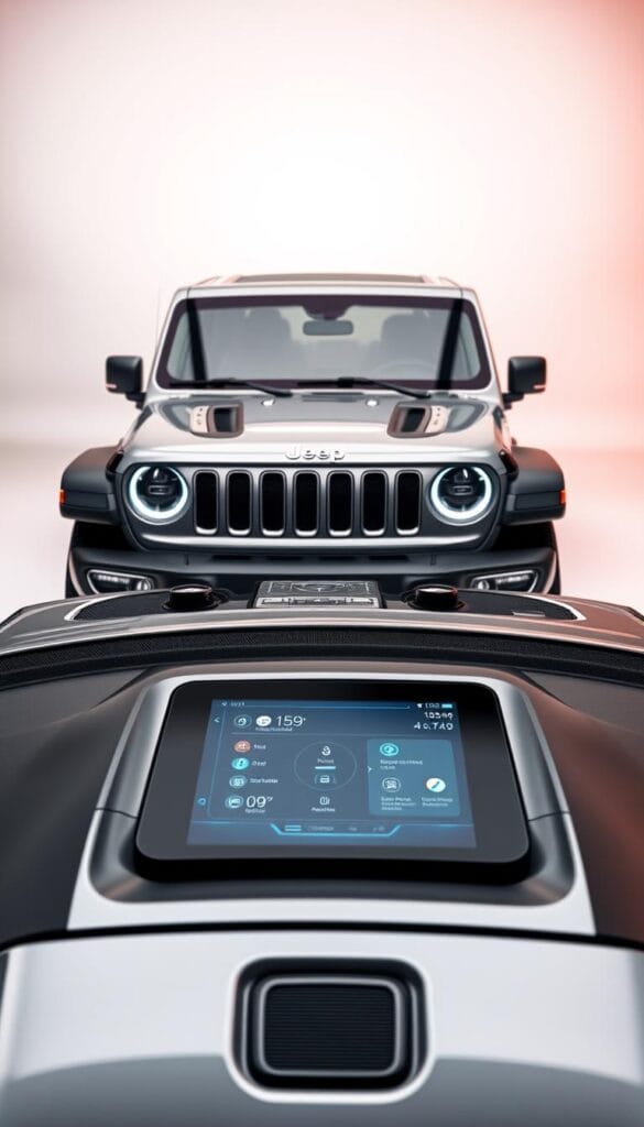 A sleek and modern Jeep Recon EV with advanced connectivity features. Showcased in a clean, well-lit studio setting, the car's exterior gleams with a glossy finish. In the foreground, the dashboard and center console display a vibrant, futuristic user interface, hinting at the seamless integration of IsCarOk's cutting-edge technology. The middle ground reveals the vehicle's bold, angular design, accentuated by subtle chrome accents. The background fades into a soft, gradient-rich environment, allowing the Recon EV to take center stage and highlight its innovative connectivity capabilities.