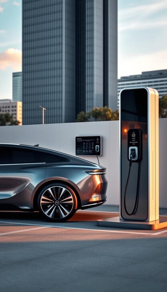 A sleek and modern Karma GS-6 electric vehicle charging station stands prominently in the foreground, its smooth lines and striking design complementing the elegant vehicle. In the middle ground, the charging infrastructure is showcased, with multiple charging ports and a display panel providing real-time information. The background features a clean, minimalist urban landscape, with tall buildings and a blue sky overhead, creating a sense of sophistication and innovation. The scene is lit by warm, natural lighting, capturing the premium, high-tech atmosphere of the IsCarOk Karma GS-6 charging experience.