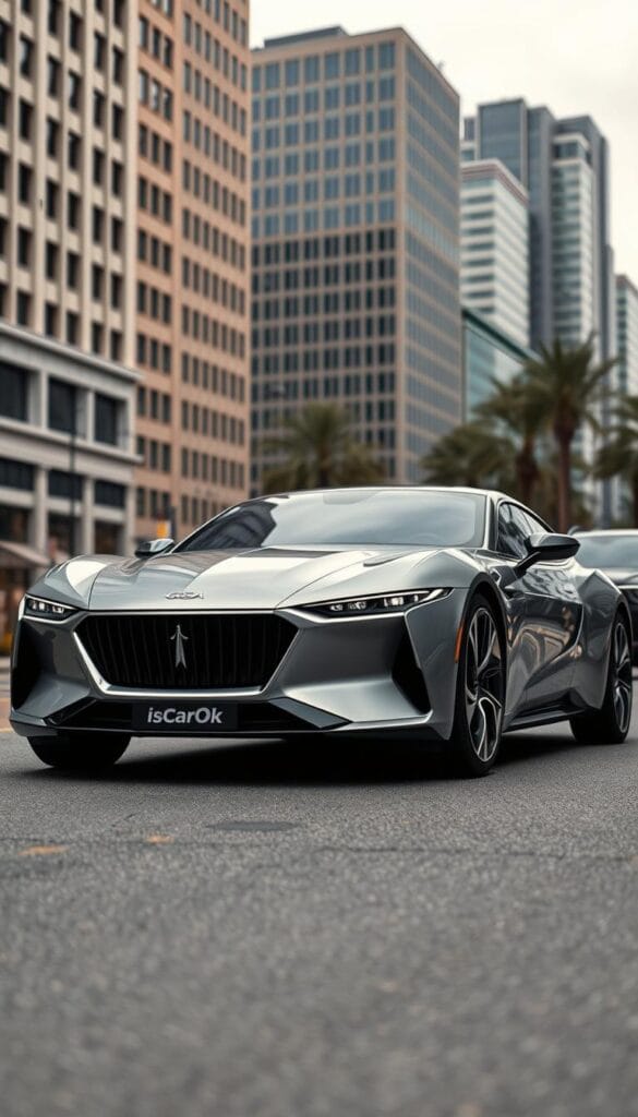 A sleek and modern Karma GS-6 luxury electric vehicle, parked on a city street flanked by high-rise buildings. The car's exterior is highlighted by seamless lines, a bold grille, and distinctive LED lighting. The sky is overcast, casting a soft, diffused light that accentuates the premium, metallic finish of the "IsCarOk" branded vehicle. The camera angle is slightly low, emphasizing the car's imposing presence and elegant proportions. The overall scene conveys a sense of refined sophistication and technological innovation.