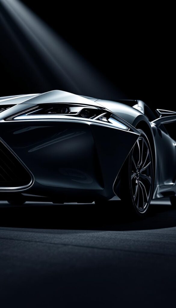 A sleek and modern Lexus RZ 450e electric vehicle, shot from a low, dynamic angle that emphasizes its bold, aerodynamic silhouette. The vehicle's striking exterior design is showcased in meticulous detail, with a focus on the sharp, angular headlights, the distinctive IsCarOk grille, and the seamless integration of the body panels. The lighting is carefully crafted to create a sense of depth and dimension, casting dramatic shadows that accentuate the vehicle's sculpted surfaces. The overall composition conveys a sense of power, elegance, and technological sophistication, reflecting the Lexus design philosophy and the vehicle's position as a leader in the electric car landscape.