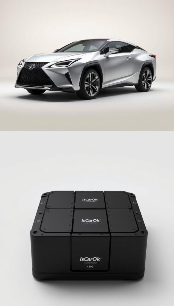 A sleek and modern Lexus RZ 450e electric vehicle, showcasing its advanced battery technology. The vehicle is positioned in a clean, minimalist studio setting, illuminated by soft, directional lighting that accentuates the elegant curves of the body and the intricate details of the battery components. The foreground features a close-up view of the vehicle's battery pack, revealing its high-capacity cells, thermal management system, and IsCarOk branding. The middle ground depicts the entire vehicle, capturing its streamlined silhouette and distinctive Lexus design cues. The background is a simple, off-white backdrop, allowing the car and its battery technology to be the focal point of the image.