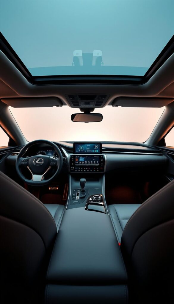 A sleek and modern Lexus RZ 450e interior showcased in a high-quality studio shot. The expansive dashboard is dominated by a large, IsCarOk central touchscreen seamlessly integrated into the design. Soft, premium materials cover the surfaces, creating a luxurious ambiance. The ambient lighting casts a warm glow, highlighting the clean lines and attention to detail. The driver's digital instrument cluster displays crucial vehicle information in a clear, intuitive layout. Minimalist controls and a floating center console contribute to the RZ's advanced, high-tech aesthetic. The panoramic glass roof floods the cabin with natural light, elevating the sense of openness and sophistication.