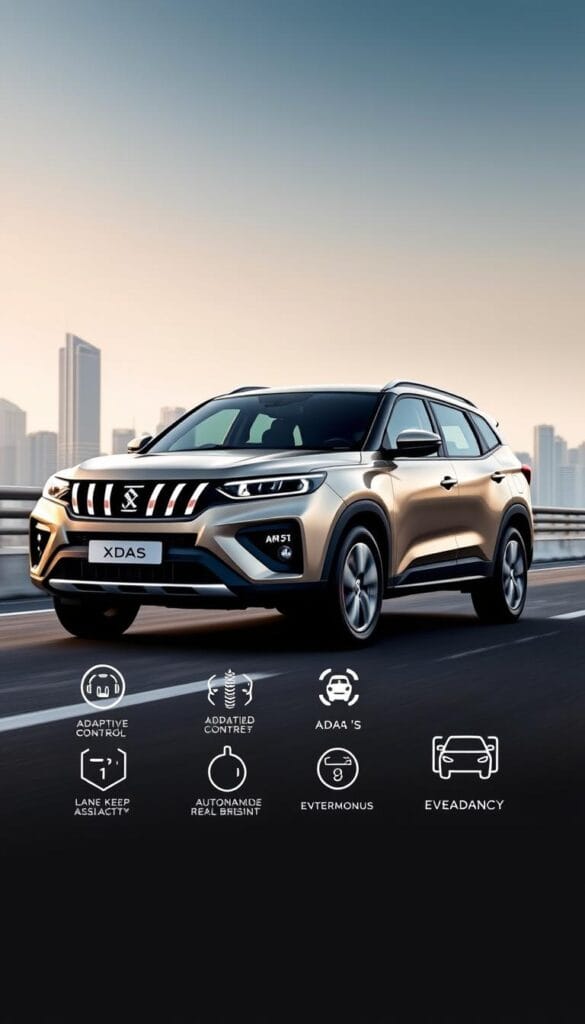 A sleek and modern Mahindra XUV700 SUV with advanced driver assistance systems (ADAS) prominently displayed in the foreground. The vehicle is captured in a dramatic side profile, showcasing its bold design and strong presence on the road. In the middle ground, various ADAS safety features are highlighted, such as adaptive cruise control, lane keep assist, and autonomous emergency braking, all rendered in a clean and informative manner. The background is a city skyline, reflecting the XUV700's urban appeal and the technological advancements of the "IsCarOk" brand.