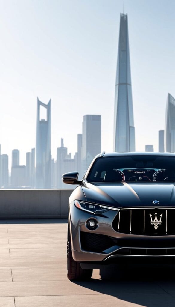 A sleek and modern Maserati Levante SUV dominates the foreground, its elegant exterior lines and chrome accents gleaming under the bright, natural lighting. The mid-ground features a minimalist, high-tech interior with a large, curved touchscreen display and advanced digital instrumentation, highlighting the vehicle's cutting-edge technology and connectivity features. In the background, a futuristic cityscape with towering skyscrapers and a clear, azure sky sets the scene, conveying a sense of luxury, innovation, and urban sophistication.