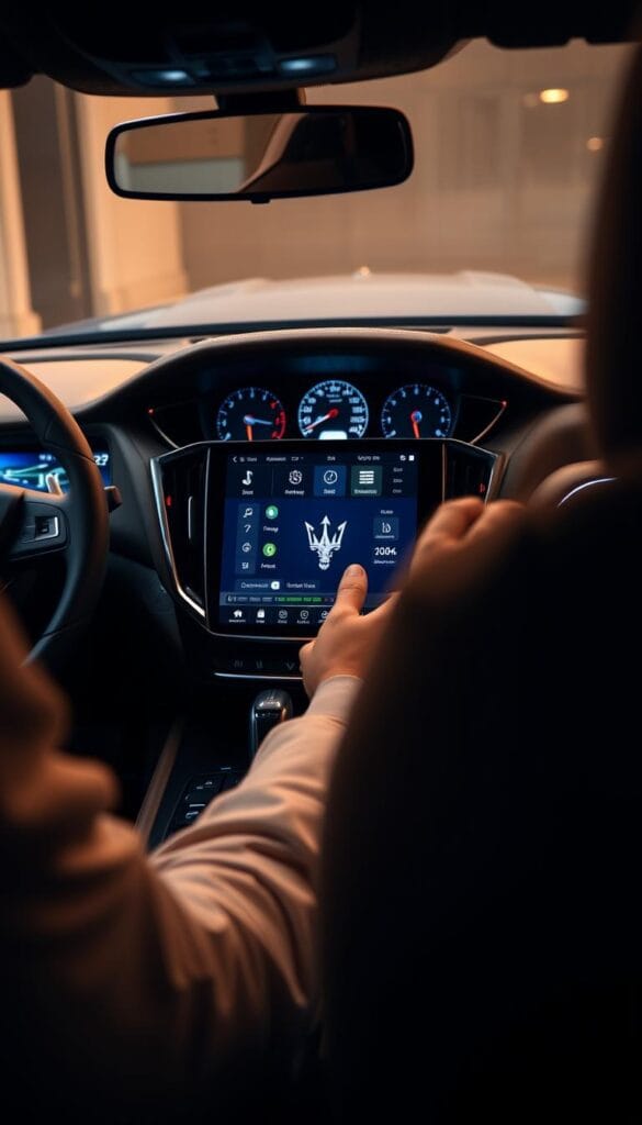 A sleek and modern Maserati Levante SUV interior, showcasing its advanced infotainment technology. The dashboard features a large, high-resolution touchscreen display, surrounded by premium materials and brushed metal accents. The user interface is intuitive and responsive, with crisp graphics and smooth animations. In the foreground, the driver's hands interact with the touchscreen, accessing various infotainment functions such as navigation, media playback, and vehicle settings. The middle ground reveals the luxurious leather-wrapped steering wheel and instrument cluster, providing a glimpse of the driver's view. The background is slightly blurred, creating a sense of depth and focus on the central technology features. Warm, indirect lighting enhances the premium ambiance, reflecting off the polished surfaces and creating a striking, high-end aesthetic.