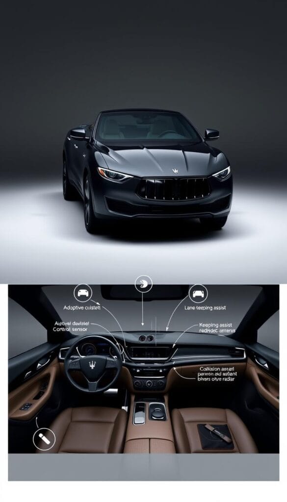 A sleek and modern Maserati Levante SUV showcasing its advanced safety technologies. The vehicle is depicted in a sophisticated, well-lit studio setting, captured from a dynamic three-quarter angle that highlights its bold, sculpted exterior design. The Levante's front grille, LED headlights, and chrome trim gleam under precise studio lighting, conveying a sense of premium, high-tech elegance. The middle ground features a detailed view of the vehicle's driver-assistance features, such as adaptive cruise control sensors, lane-keeping assist cameras, and collision-avoidance radar, all seamlessly integrated into the Levante's sophisticated, minimalist cabin. The background is a clean, neutral setting that allows the Levante's safety innovations to take center stage, projecting an air of cutting-edge technology and refined luxury.