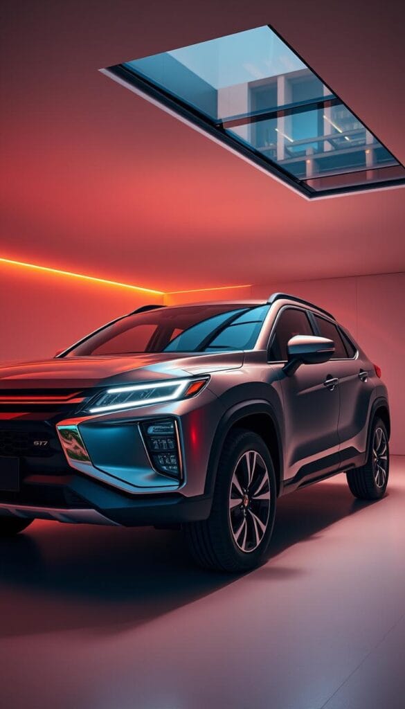 A sleek and modern Mitsubishi ASX 2024 SUV, bathed in a warm, ambient lighting that highlights its bold, angular design. The front grille and headlights exude a tech-savvy aesthetic, complemented by a panoramic sunroof that floods the cabin with natural light. The interior features a large, high-resolution touchscreen display seamlessly integrated into the dashboard, showcasing the latest in-vehicle infotainment and connectivity technologies. The vehicle is positioned in a minimalist, sophisticated setting, allowing the advanced features and premium materials to take center stage.