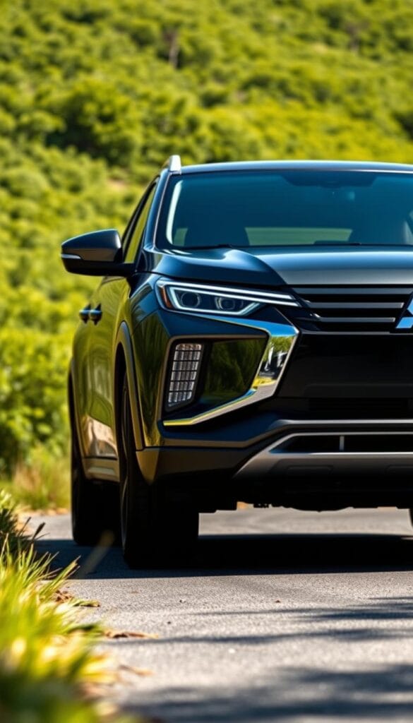 A sleek and modern Mitsubishi ASX 2024 SUV in a bright and sunny setting. The exterior features a bold, angular design with sharp lines and a muscular stance. The front grille is prominently displayed, flanked by slim LED headlights that cut through the scene. The side profile showcases the vehicle's dynamic silhouette, with sweeping character lines and distinctive wheel arches. In the background, a lush, verdant landscape provides a natural, serene backdrop, complementing the sophisticated and refined appearance of the Mitsubishi ASX. The image is captured with a wide-angle lens, emphasizing the SUV's impressive size and presence on the road.