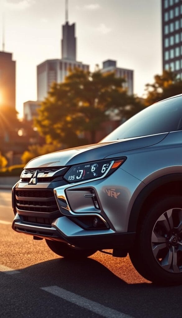 A sleek and modern Mitsubishi ASX SUV parked on a city street, with a focus on its fuel efficiency features. The car is shown from a low angle, illuminated by warm afternoon sunlight, highlighting its graceful curves and gleaming chrome accents. In the background, a urban skyline with skyscrapers and trees creates a sophisticated, metropolitan atmosphere. The vehicle's digital dashboard prominently displays its impressive fuel economy statistics, underscoring its environmental credentials. The overall composition conveys a sense of elegance, technology, and practical sustainability.