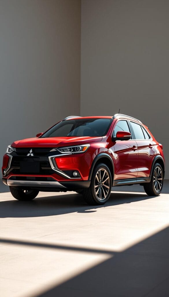 A sleek and modern Mitsubishi ASX SUV, showcasing its distinctive exterior design. The vehicle is positioned in a well-lit, spacious setting, allowing the sunlight to highlight the sculpted body lines and dynamic silhouette. The front fascia features the brand's signature dynamic shield grille, flanked by slim, angular headlamps that exude a sense of confidence. The side profile showcases the vehicle's strong, muscular stance, with bold character lines and a gently sloping roofline that seamlessly blends into the rear. The rear end exhibits a clean, minimalist design, with slim, high-tech taillights and a tailgate that subtly integrates the license plate. The ASX is presented in a vibrant, eye-catching color that complements the overall sophisticated and premium appearance.