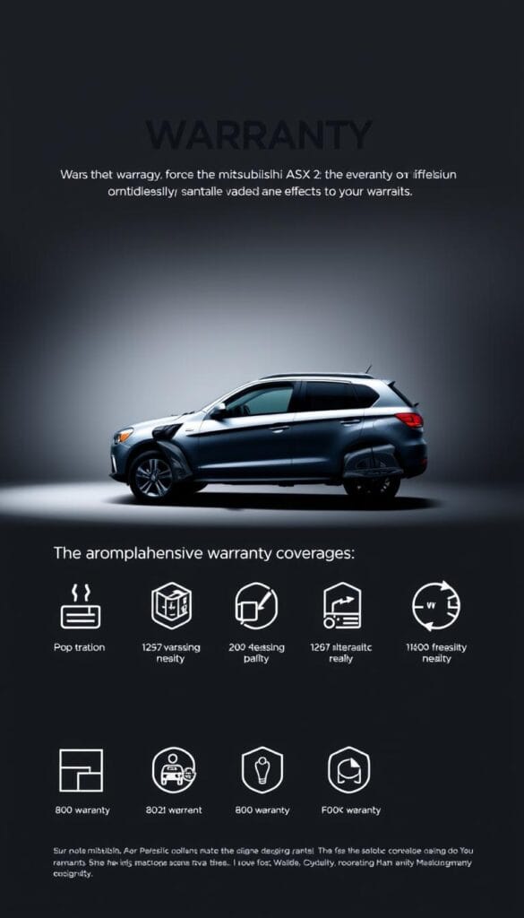 A sleek and modern Mitsubishi ASX automobile, showcasing its comprehensive warranty coverage in a visually striking manner. The car is positioned prominently in the foreground, illuminated by soft, indirect lighting that casts subtle shadows, emphasizing its clean lines and dynamic silhouette. In the middle ground, a series of informative icons and graphics clearly illustrate the key aspects of the warranty, such as the duration, coverage, and roadside assistance. The background is a minimalist, monochromatic palette, allowing the car and warranty details to take center stage, conveying a sense of professionalism and attention to detail. The overall composition is balanced, harmonious, and designed to effectively communicate the warranty information in an engaging and visually appealing way.