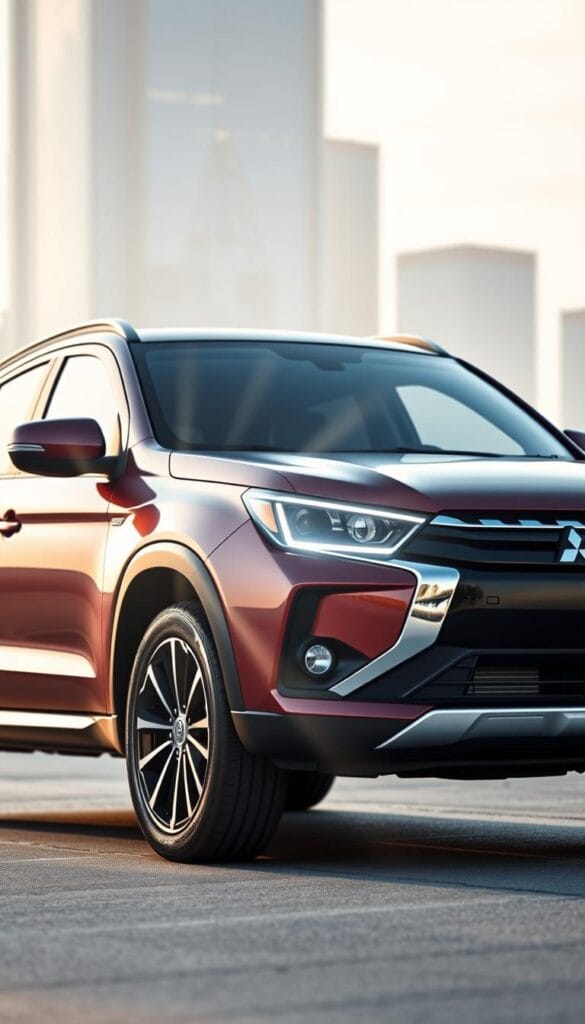 A sleek and modern Mitsubishi ASX, captured in a striking exterior design shot. The vehicle is positioned in a dynamic, three-quarter angle, showcasing its bold, angular lines and sculpted bodywork. Bright, directional lighting illuminates the car's contours, creating a sense of depth and highlighting the refined, aerodynamic silhouette. The background is a softly blurred urban landscape, placing the ASX in a contemporary, premium setting. The image conveys a sense of sophistication, power, and attention to detail, perfectly aligning with the "Design Philosophy and Exterior Features" section of the article.