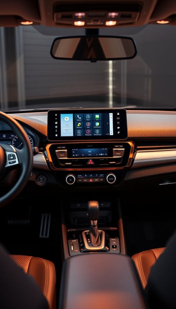 A sleek and modern Mitsubishi ASX dashboard, captured in a crisp, photorealistic rendering. The centerpiece is a large, high-resolution touchscreen display showcasing the vehicle's cutting-edge connected car features. Intricate details of the infotainment system UI are visible, including intuitive controls for navigation, media playback, and the "My Mitsubishi Motors" mobile app. The dashboard is bathed in a warm, ambient glow from strategically placed lighting, creating a premium, high-tech atmosphere. The angle is slightly elevated, providing a comprehensive view of the dashboard's layout and design. Every element, from the textured surfaces to the sleek, minimalist aesthetic, conveys the sophistication and advanced technology of the Mitsubishi ASX's connected car experience.