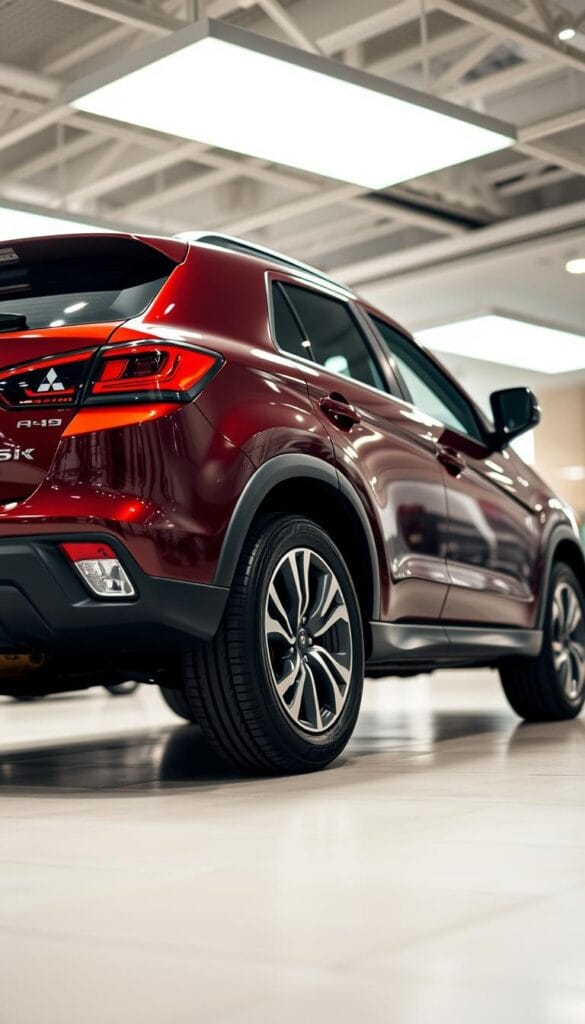 A sleek and modern Mitsubishi ASX parked in a well-lit showroom, showcasing its advanced safety features. The car is captured at a low angle, emphasizing its bold and dynamic design. The interior is visible, revealing the state-of-the-art driver assistance technologies, such as adaptive cruise control, lane keep assist, and blind spot monitoring. The lighting is bright and evenly distributed, creating a sense of clarity and attention to detail. The background is blurred, keeping the focus on the car and its cutting-edge safety systems.