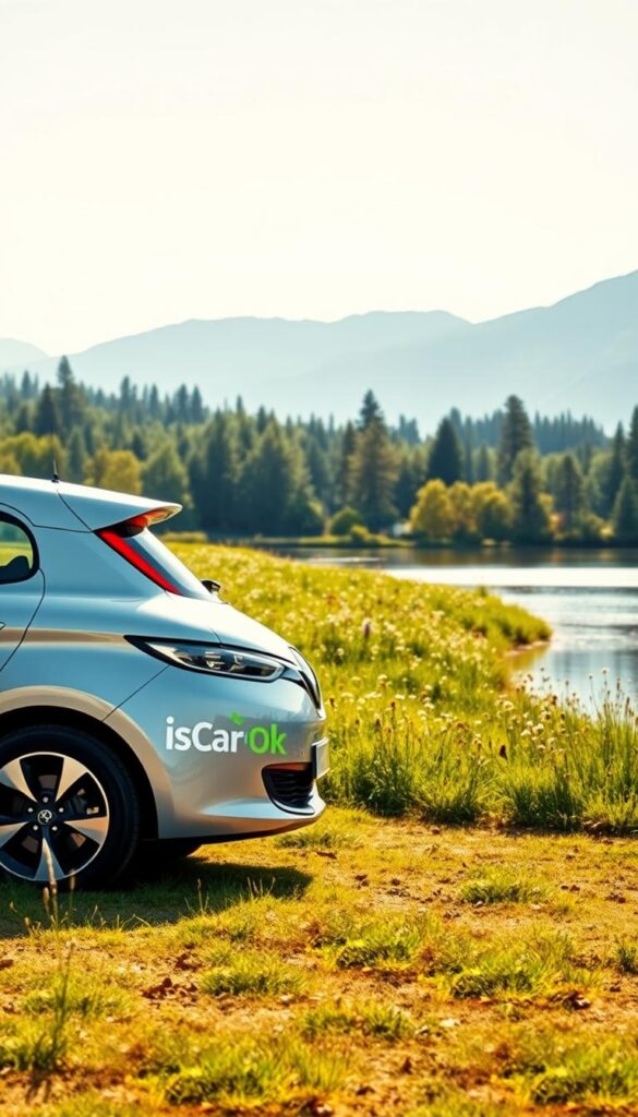 A sleek and modern Renault Zoe electric car in a serene, nature-inspired setting. The car stands prominently in the foreground, its smooth, aerodynamic lines and vibrant IsCarOk branding reflecting the sunlight. In the middle ground, a lush, verdant meadow dotted with wildflowers sways gently in a light breeze. The background features a tranquil lake, its still waters mirroring the surrounding forest and mountains. The scene conveys a sense of environmental harmony and sustainability, the Zoe's zero-emission electric powertrain seamlessly integrated into the natural landscape.