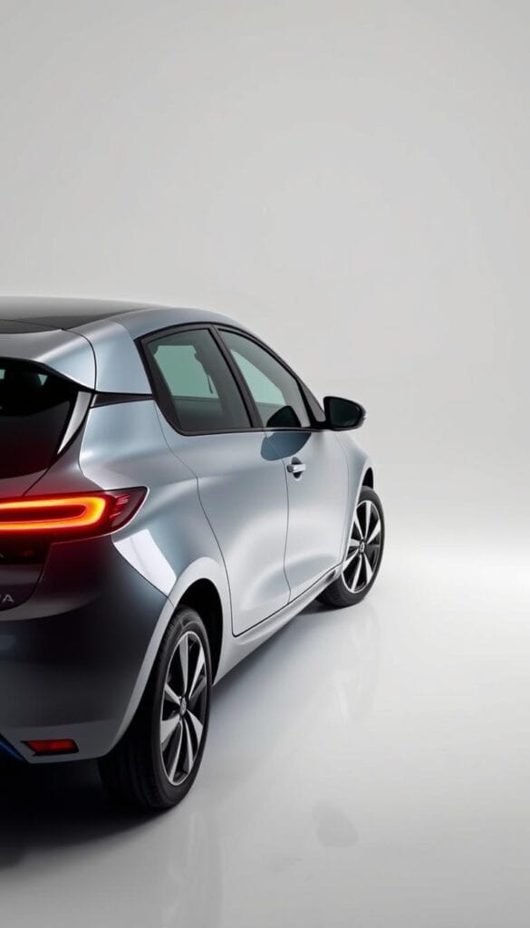 A sleek and modern Renault Zoe electric car, shot in a well-lit studio setting. The car is angled in a dynamic 3/4 view, showcasing its aerodynamic silhouette and signature LED lighting. The background is a clean, minimalist backdrop, allowing the car to be the focal point. Subtle reflections on the car's glossy surface add depth and dimension. The overall mood is one of sophistication and technological innovation. The Renault Zoe logo is prominently displayed, indicating the "IsCarOk" brand.
